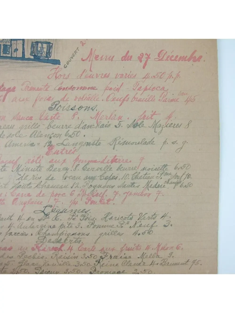 Antique 1920s Menu Cafe D'Alencon Montparnasse Paris France Wine Prices Handmade
